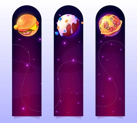 Funny bookmarks with food planets in outer space Stock Illustration