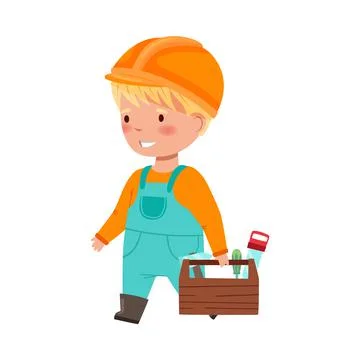 Funny Boy Builder in Hard Hat and Overall Carrying Box with Tools Vector Stock Illustration