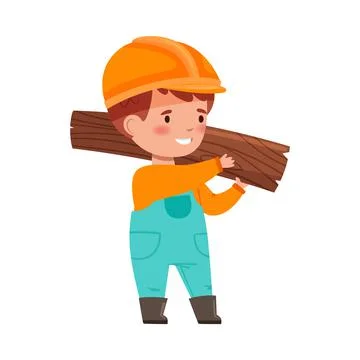 Funny Boy Builder in Hard Hat and Overall Carrying Wooden Plank Vector Stock Illustration