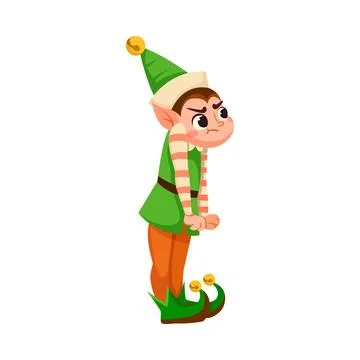 Funny Boy Elf Character with Pointed Ears Stand with Grumpy Face Vector Stock Illustration