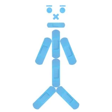 Funny Boy Face with various light blue Strips of FIRST AID PLASTER Stock Photos