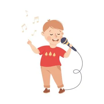 Funny Boy with Microphone Singing Song Performing on Stage Vector Illustration Stock Illustration