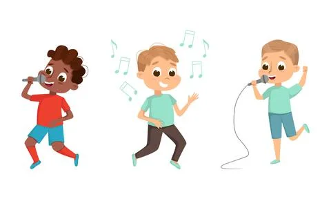 Funny Boy Standing with Microphone and Singing Song Vector Set Stock Illustration