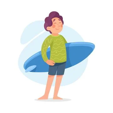 Funny Boy Standing with Surfboard Doing Water Sport Activity Vector Illustration Stock Illustration
