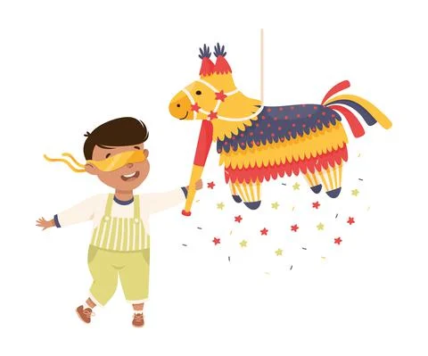 Funny Boy Striking and Hitting Pinata Hanging on String with Stick Vector Stock Illustration