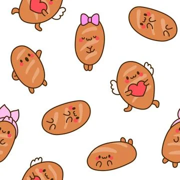 Funny bread characters. Seamless pattern. Stock Illustration
