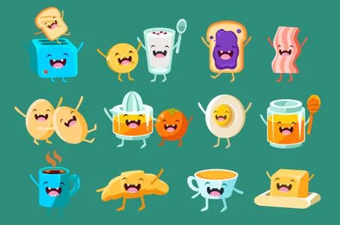 Funny breakfast comic characters sett, food for breakfast, fast food vector Stock Illustration