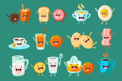 Funny breakfast food comic characters sett, food with funny faces vector Illustrazione stock