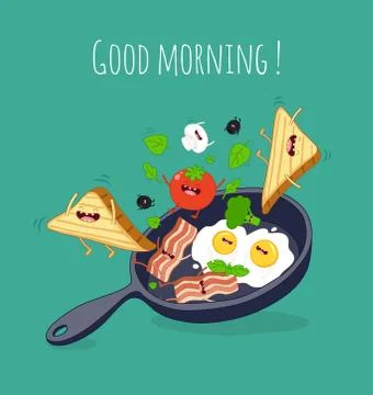 Funny breakfast set. Comic characters. Vector illustrations. Stock Illustration