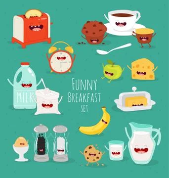 Funny breakfast set. Comic characters. Vector illustrations. Stock Illustration