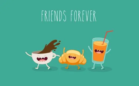 Funny breakfast set. Comic characters. Vector illustrations. Stock Illustration