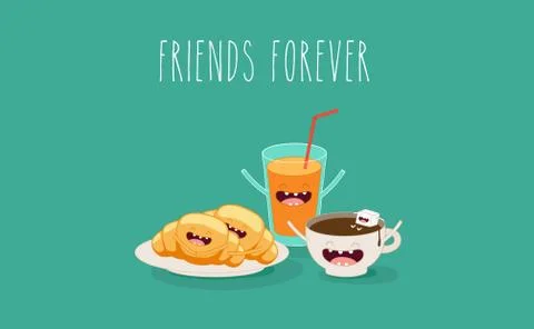 Funny breakfast set. Comic characters. Vector illustrations. Stock Illustration