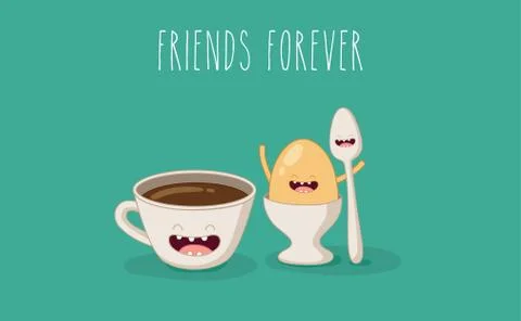 Funny breakfast set. Comic characters. Vector illustrations. Illustrazione stock