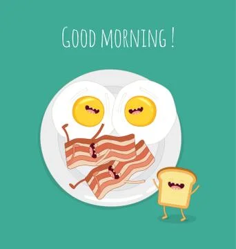 Funny breakfast set. Comic characters. Vector illustrations. Stock Illustration