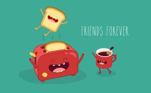 Funny breakfast set. Comic characters. Vector illustrations. Stock Illustration