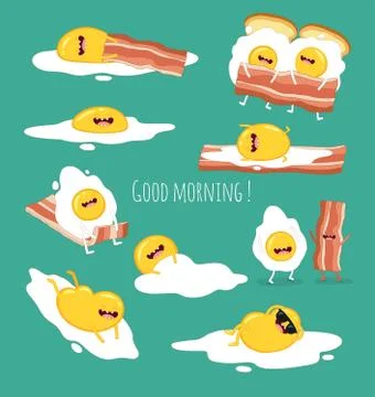Funny breakfast set. Comic characters. Vector illustrations. Stock Illustration