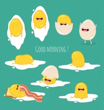 Funny breakfast set. Comic characters. Vector illustrations. Stock Illustration