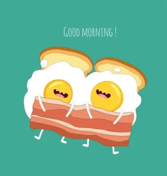 Funny breakfast set. Comic characters. Vector illustrations. Stock Illustration