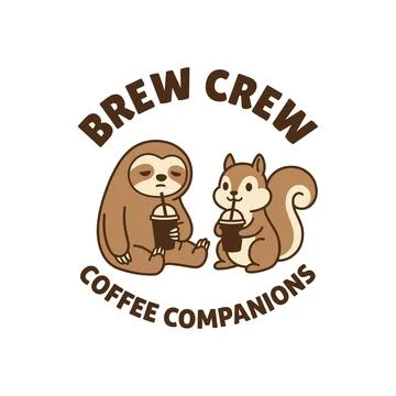 Funny Brew Crew coffee design with cute sloth and squirrel cartoon characters Stockillustratie