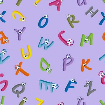 Funny bright alphabet. Seamless pattern on a lilac background. Stock Illustration