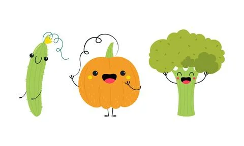 Funny Broccoli and Pumpkin Vegetable Character with Smiling Face Vector Set Stock Illustration