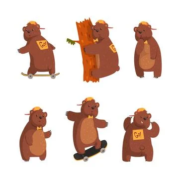 Funny Brown Bear Character in Baseball Cap with Bow Tie on Skateboard and Tree Stock Illustration