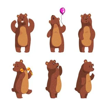 Funny Brown Bear Character Playing Maraca and Holding Toy Balloon Vector Set Stock Illustration