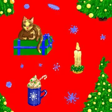 Funny brown cat on Christmas present box with xmas tree. Festive winter seamless Stock Illustration
