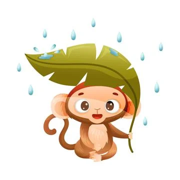 Funny Brown Monkey with Prehensile Tail Sitting Under Green Leaf with Rain Drops Illustrazione stock