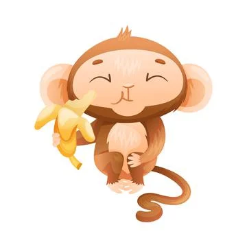 Funny Brown Monkey with Prehensile Tail Sitting and Eating Banana Vector Stock Illustration