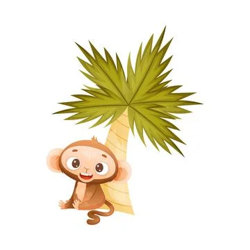 Funny Brown Monkey with Prehensile Tail Sitting Under Palm Tree Vector Stock Illustration