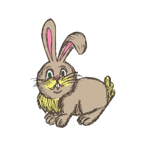 Funny brown rabbit sitting, vector vintage illustration isolated on white Stock Illustration