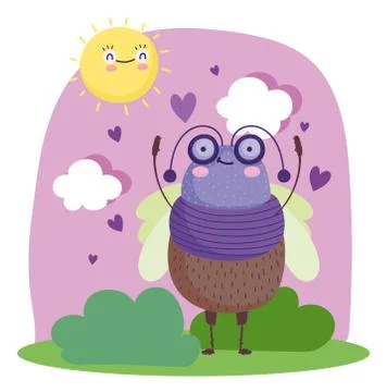 Funny bug in the grass sun clouds cartoon design Stock Illustration