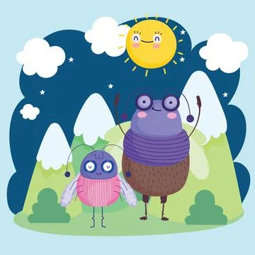 Funny bugs animals mountains grass sun sky cartoon Stock Illustration