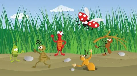 Funny bugs in the grass Stock Illustration