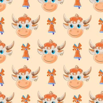 Funny bull head. Seamless pattern on an orange background with a bell and a b Stock Illustration