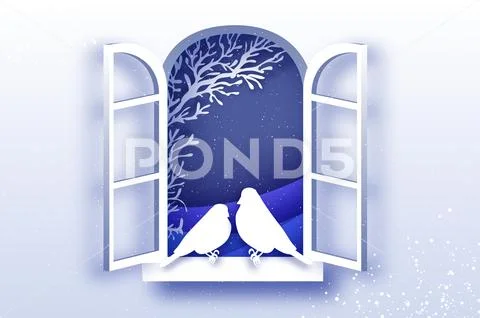 Funny Bullfinches in paper cut style, under the snowfall. Merry Christmas Stock Illustration