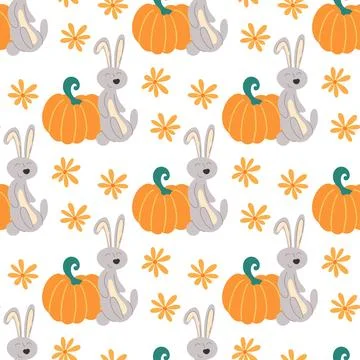 Funny bunnies with pumpkins seamless pattern Иллюстрация