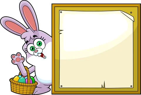 Funny Bunny Character With Basket Of Easter Eggs Waving Behind Wooden Board Sign Stock Illustration