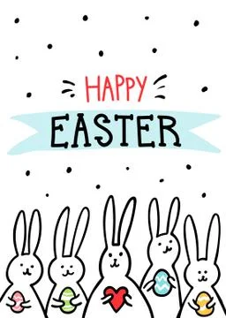 Funny bunny Easter Greeting card with white Easter rabbits. Stock Illustration