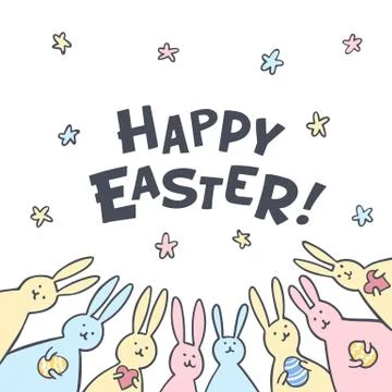 Funny bunny Easter Greeting card with white Easter rabbits. Stock Illustration