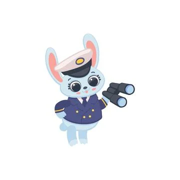 Funny bunny or rabbit captain with binoculars flat vector illustration isolated. Stock Illustration