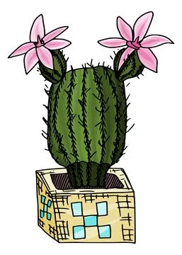Funny cactus in a square pot. doodle vector Stock Illustration