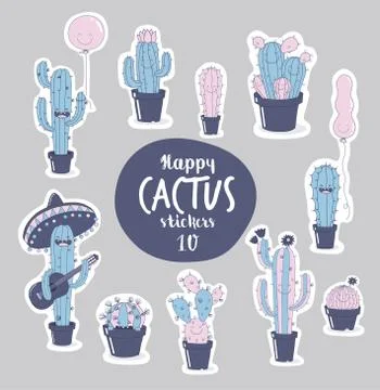 Funny cactus stickers. Vector illustrations can be used as a sticker. Stock Illustration