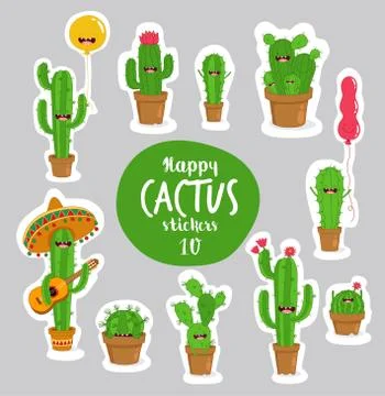 Funny cactus stickers. Vector illustrations can be used as a sticker. Stock Illustration