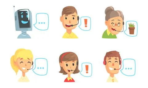 Funny Call Center Operators Set, Technical Support and Customer Service Illustrazione stock