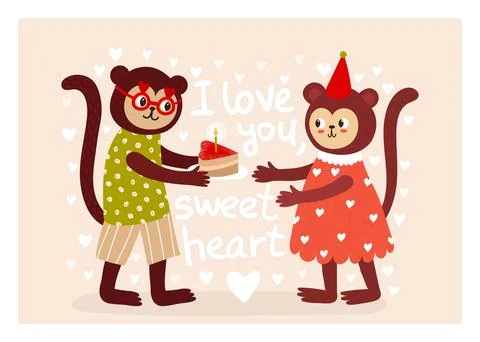 Funny card with cute monkeys Stock Illustration