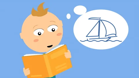 Funny cartoon animation with a boy reading an interesting book and dreaming Stock Footage 313496449