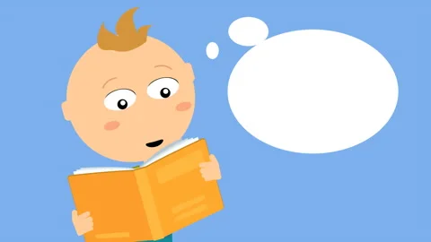 Funny cartoon animation with a boy reading an interesting book and dreaming Stock Footage 313496463