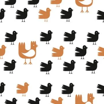 Funny cartoon birds seamless pattern over white background. Vector hen and Stock Illustration
